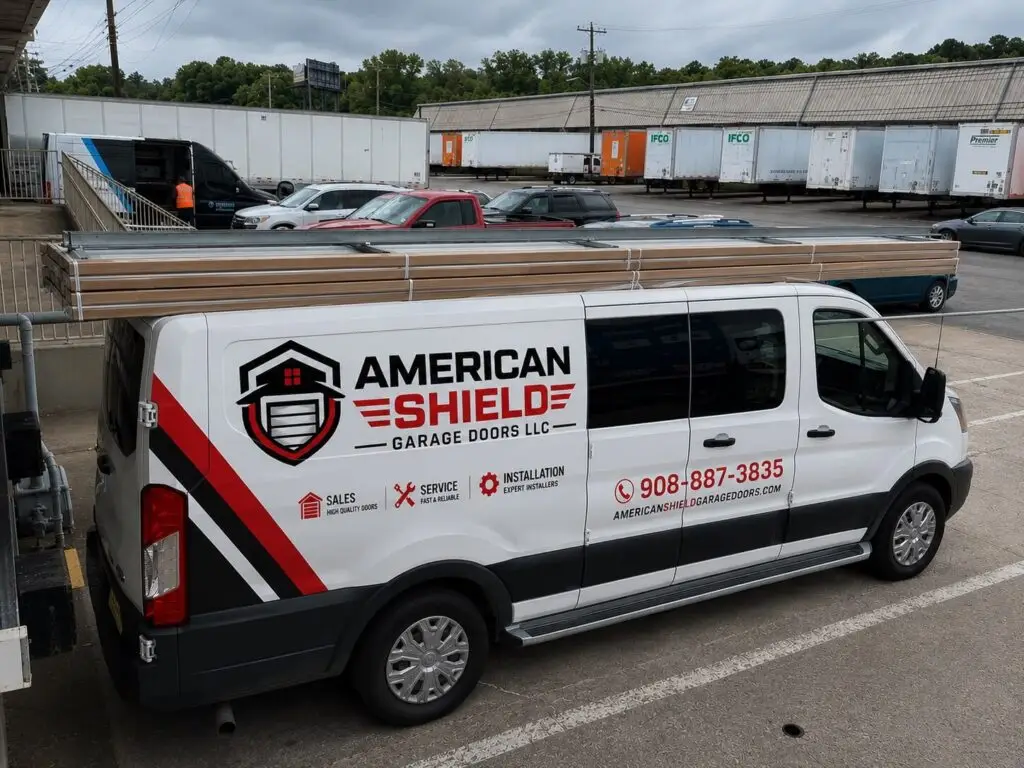 American Shield Garage Doors service van loaded with new garage door panels