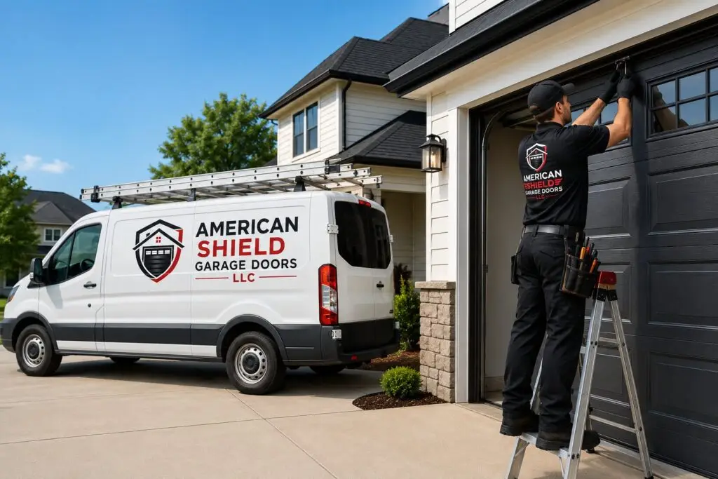 American Shield technician installing a residential garage door in New Jersey